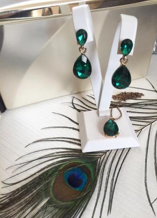 Набір сережки+кулон  смарагдові,ізумрудні зелені,сережки капельки1 фото