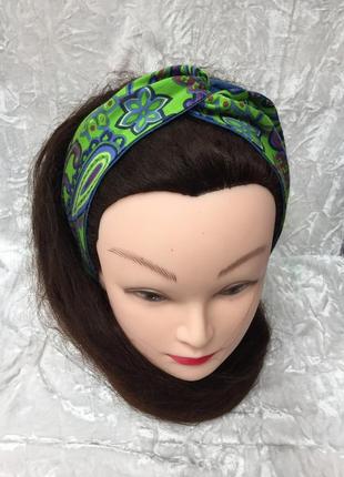 Пов'язка зелено-джинсова з малюнком, тюрбан на гумці