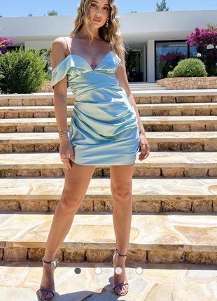 Светло-бирюзовое атласное платье мини со спущенными плечами asos design luxe3 фото
