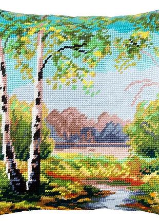 Набір для вишивання подушки хрестом березовий гай біля річки страмін із пряжею zweigart напівхрест 40х40 см