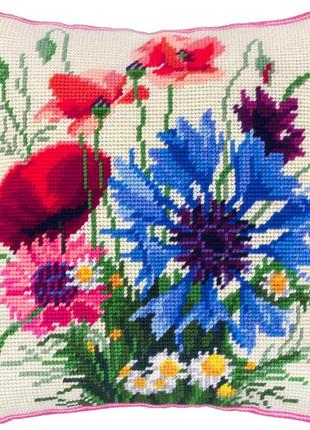 Набор для вышивки подушки крестом маки с васильками  страмин с пряжей zweigart полукрест 40х40 см