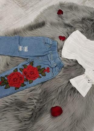 Костюм джинсы розы шикарный бахрома стильный протертости2 фото