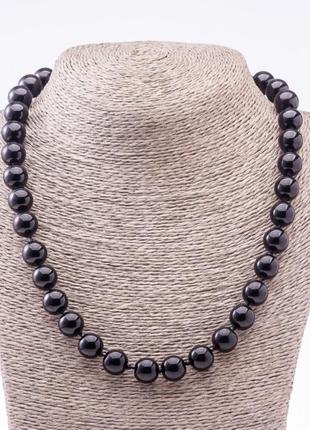 Ожерелье из натурального камня черный агат (пресс) гладкий шарик d-12мм l-46см
