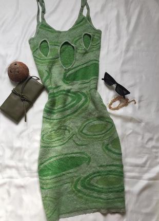 В'язана плетена зелена сукня міді з вирізами на спинці, розмір с2 фото