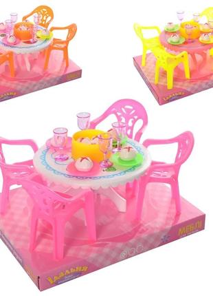Мебель для кукол "столовая", столик, стулья, посуда, 3 цвета, 8840