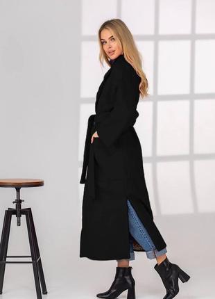 Стильное классическое классное красивое с поясом хорошенькое удобное модное трендовое женское пальто осень весна черное3 фото