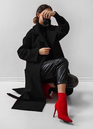 Стильное классическое классное красивое с поясом хорошенькое удобное модное трендовое женское пальто осень весна черное5 фото