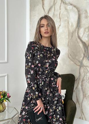 Сукня жіноча довга міді нарядна святкова квіткова з поясом чорна рожева сіра весняна на весну гарна романтична на побачення