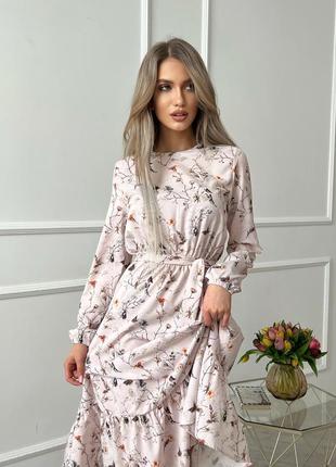 Сукня жіноча довга міді нарядна святкова квіткова з поясом чорна рожева сіра весняна на весну гарна романтична на побачення