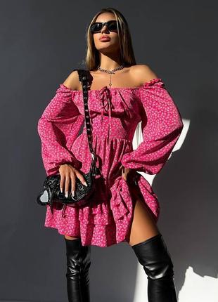Платье короткое мини с корсетной шнуровкой на спине с пышной юбкой расклешенное чёрное розовое голубое в цветочек с оборками с открытыми плечами