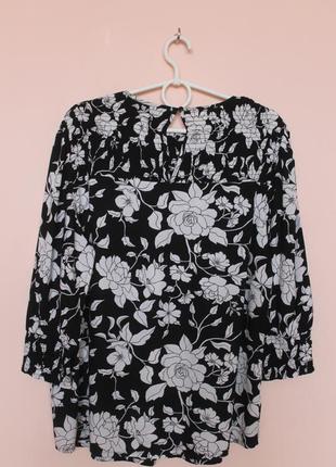 Чорна блуза в білий квітковий принт, натуральна квіткова блузка, чорно-біла блуза в квіти 52-54 р.7 фото