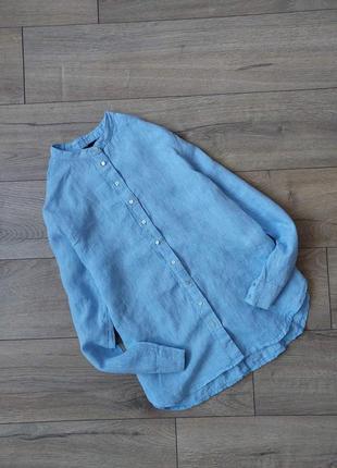 Лляна сорочка блакитна класична з льону льняная рубашка голубая с льна классическая