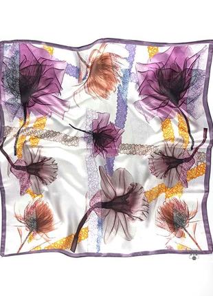 Маленька шовкова хустка 53*53 100% натуральний шовк з квітами бузкова фіолетова нова2 фото