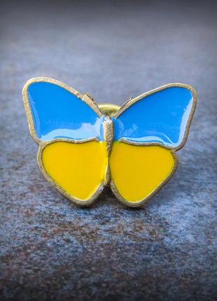 Пін ручної роботи метелик жовто-блакитний1 фото