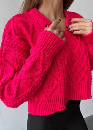Яскравий теплий вільний малиновий светр із візерунками6 фото