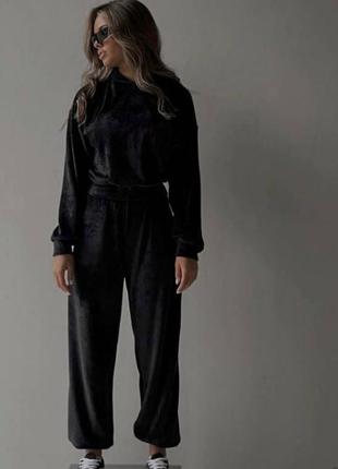 Костюм женский спортивный велюровый черный однотонный оверсайз худи с капишоном брюки на высокой посадке свободного кроя с карманами качественный стильный