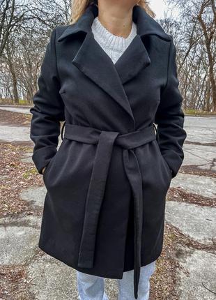 Пальто чорне кашемір з поясом на підкладі англійський комір2 фото