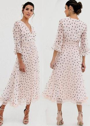 Распродажа платье миди в горошек asos горох с кружевной отделкой и плиссированной юбкой