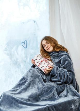 Плед з рукавами з мікрофібри, колір сірий, теплий теплий плед з кишенями, рукоплед5 фото