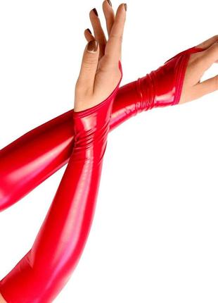 Виниловые миттинки art of sex - lora длинные, размер s, цвет красный