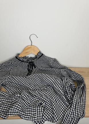 Стильная хлопковая рубашка в клетку zara в клетку с воротником стойкой и лентой завязкой под винтаж7 фото