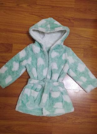 Махровый флисовый халат с капюшоном для девочки 2-3 лет бирюзовый холодное сердце