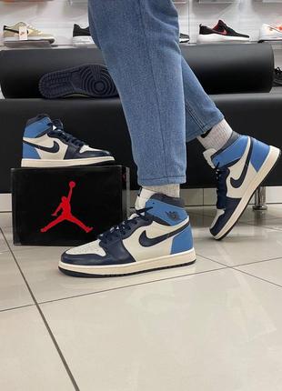 Мужские высокие кожаные кроссовки nike air jordan 1 blue / white#найк