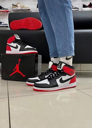 Мужские высокие кожаные кроссовки nike air jordan 1 red / white#найк