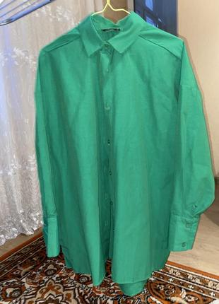 Женская рубашка зеленого цвета, удлиненная рубашка3 фото