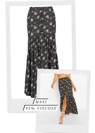 Трендовая натуральная макси юбка с разрезом цветочный принт на черном фоне длинная оборка волан рюш