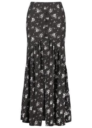 Трендовая натуральная макси юбка с разрезом цветочный принт на черном фоне длинная оборка волан рюш2 фото