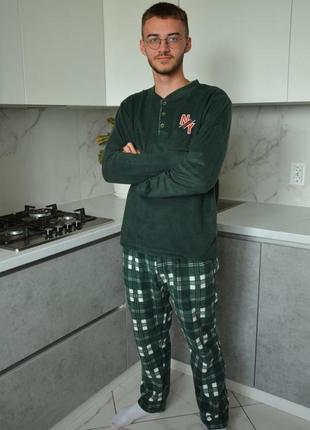 Флисовая теплая мужская пижама / домашний костюм. зеленая клетка