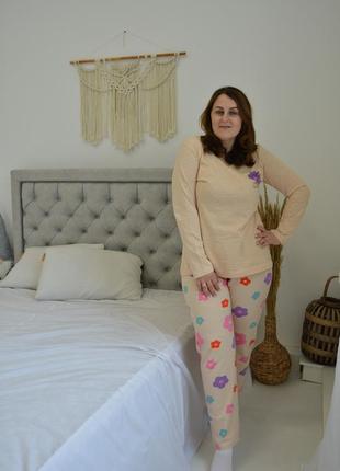 Батал женская пижама брюки, длинный рукав (большие размеры) цветочки