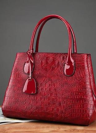 Модная женская сумка под рептилию эко кожа, стильная женская сумочка через плечо змеиная большая красный2 фото