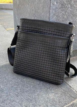 Чоловіча шкіряна сумка-планшетка плетена чорна, сумка-планшетка на плече натуральна шкіра2 фото