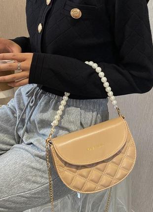 Жіноча міні сумочка клатч на плече з намистом, маленька сумка для дівчат на ланцюжку коричневий3 фото