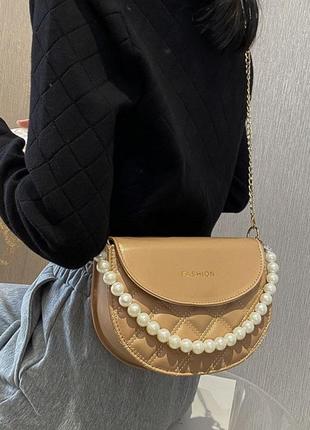 Жіноча міні сумочка клатч на плече з намистом, маленька сумка для дівчат на ланцюжку коричневий4 фото