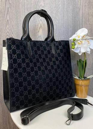Жіноча велика якісна сумка з натуральної замші + еко шкіра, сумочка замшева в стилі гучи r_1099