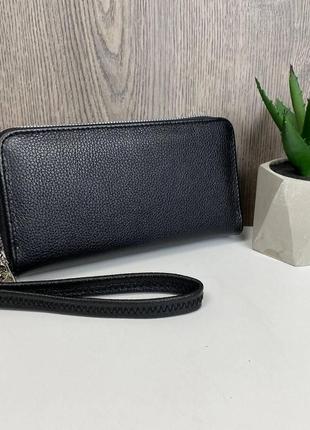 Жіночий шкіряний клатч гаманець на 2 відділи  ⁇  клатч-гаманець із натуральної шкіри чорний на блискавці з ручкою