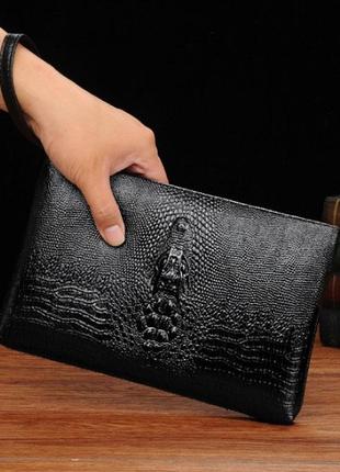 Большой мужской клатч барсетка для документов крокодил черный, мужская сумка кошелек для телефона рептилия