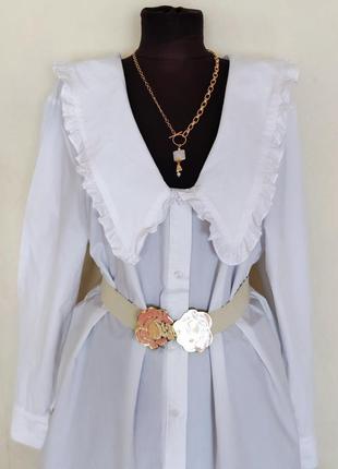 Базовая белая хлопковая женская длинная рубашка с большим воротником размер л- хл / l-xl2 фото