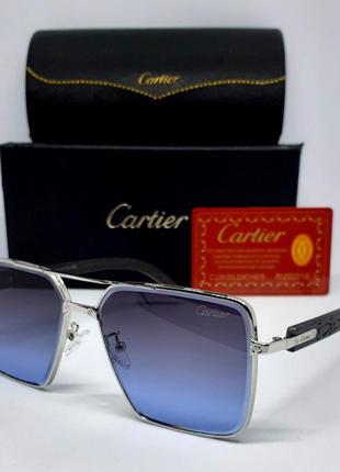 Очки в стиле cartier  мужские солнцезащитные серо синий градиент в серебристом металле