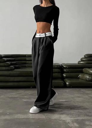 Брюки палаццо трендовые черные бежевые молочные серые графит брюки клеш широкие с белым поясом базовые стильные