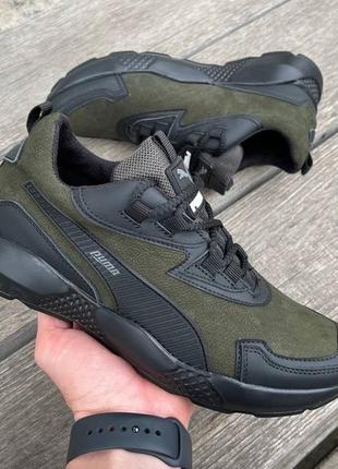 Мужские кожаные зеленые кроссовки puma