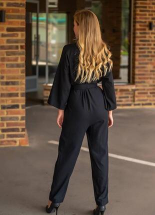 Комбинезон женский черный однотонный на длинный рукав с поясом свободного кроя с карманами стильный качественный2 фото