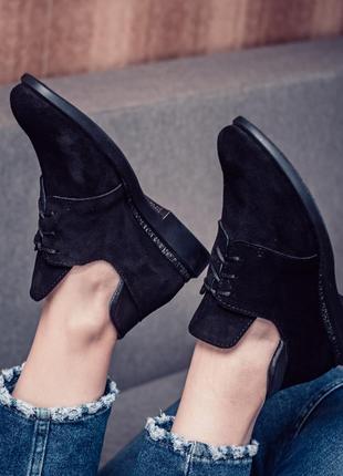Черные женские туфли на низком ходу 833-13 натуральная замша полуботинки замшевые украина