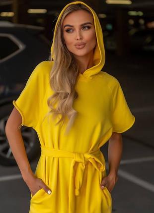 Сукня жовта  однотонна міді з капішоном оверсайз з кишенями  з розрізами знизу з поясом якісна стильна6 фото