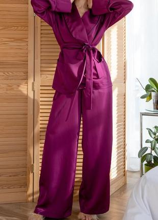 Яркая стильная пижама, пижамный комплект из шелка, королевская шелковая пижама кимоно и штаны, домашний костюм4 фото
