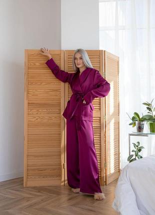 Яркая стильная пижама, пижамный комплект из шелка, королевская шелковая пижама кимоно и штаны, домашний костюм2 фото