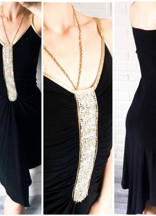 Чёрное нарядное платье миди с золотом2 фото